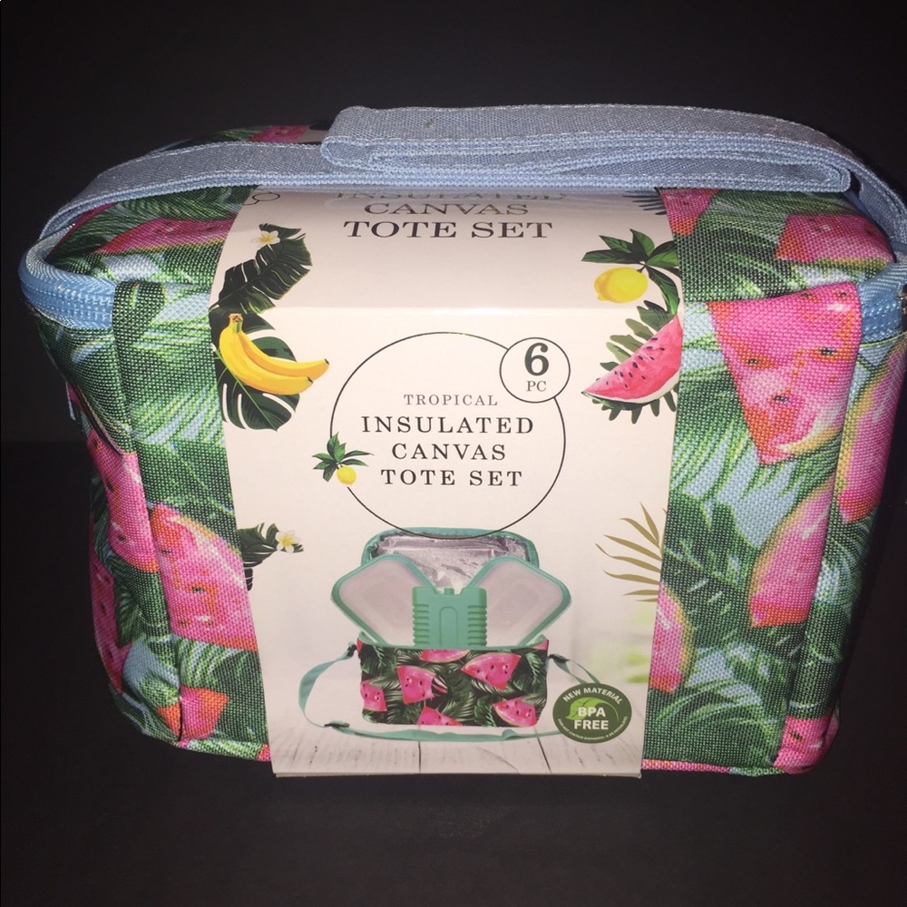 6 pc Tropical insulated canvas lunch tote bag